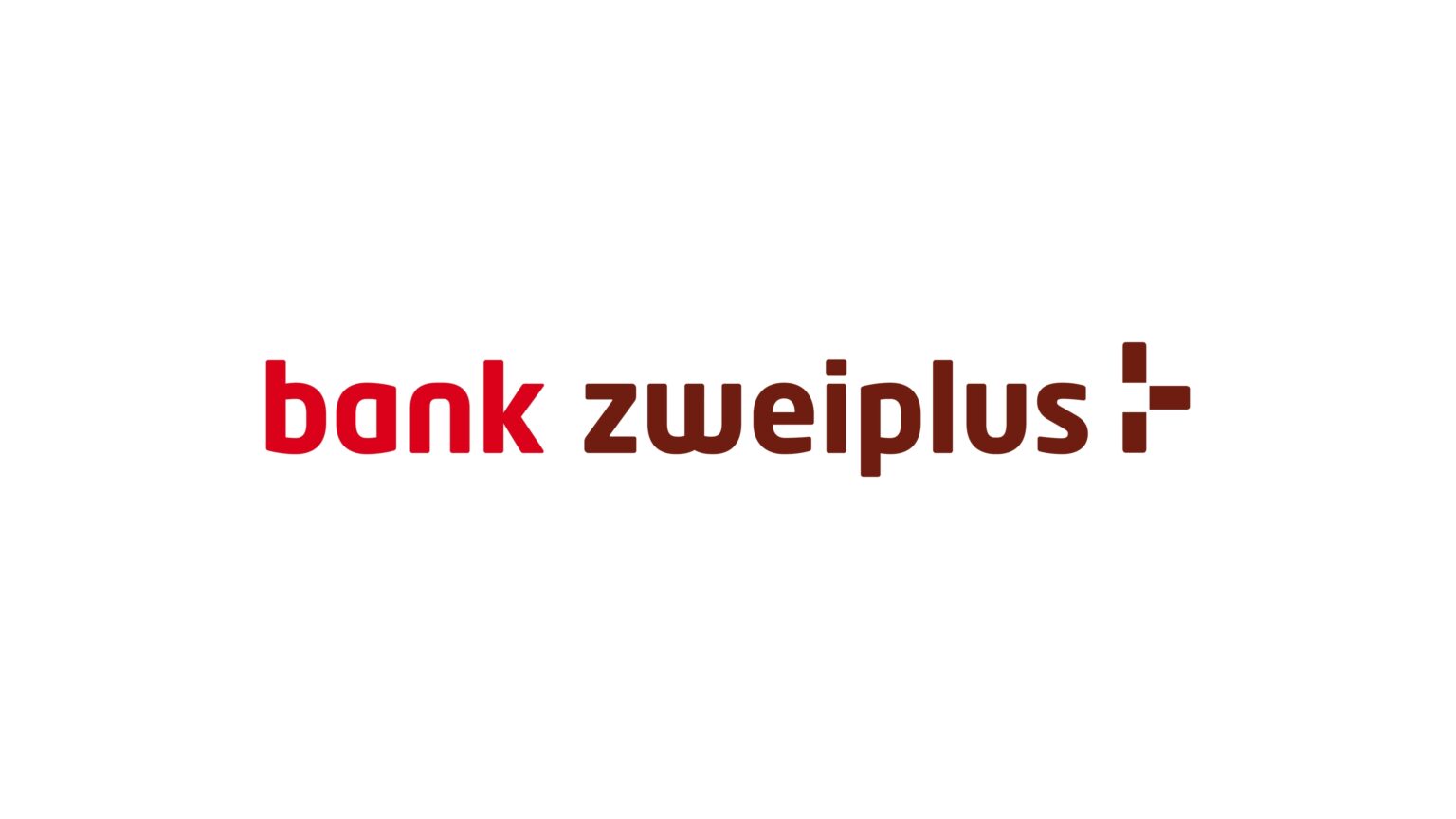 Logo der Bank zweiplus mit rot-braunem Schriftzug und Pluszeichen auf weißem Hintergrund.