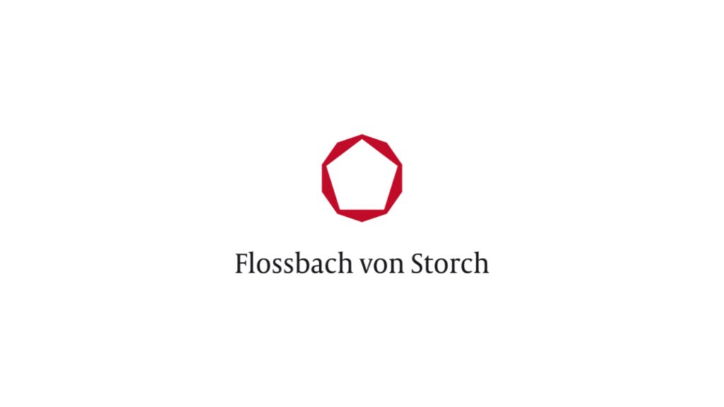 Weißer Hintergrund mit rotem polygonalen Logo über dem schwarzen Schriftzug "Flossbach von Storch".